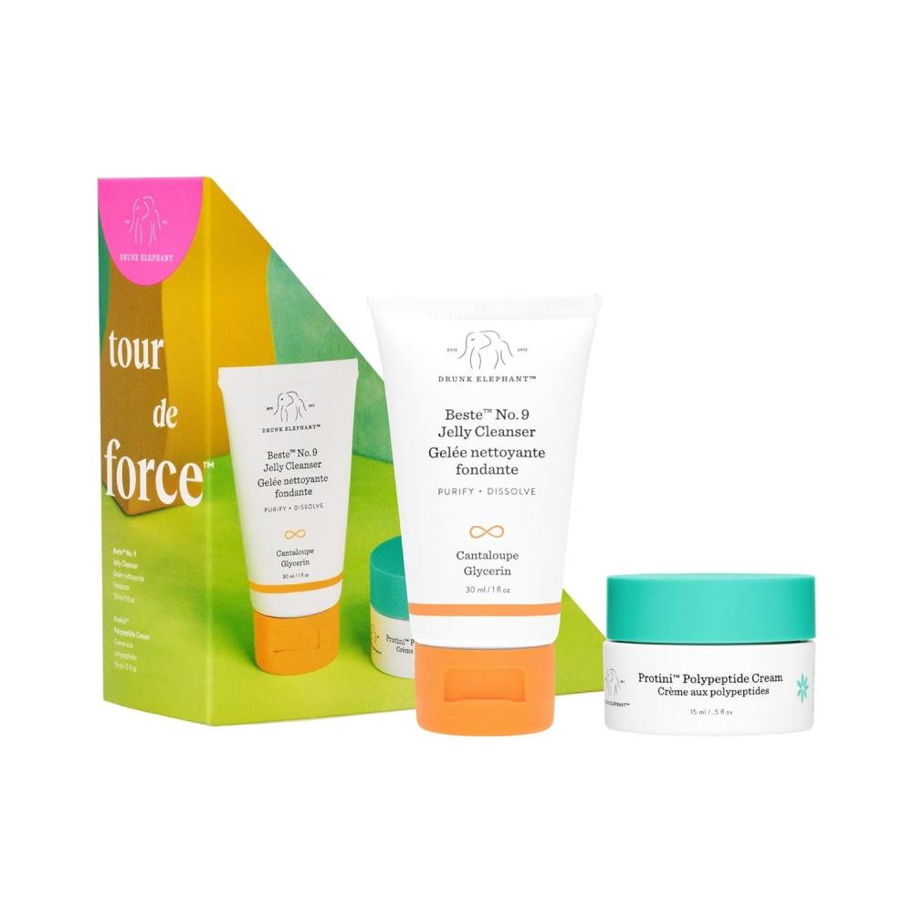 imageDrunk Elephant Tour de Force Travel Kit  Beste No9 Jelly Cleanser 30ml1 fl oz Protini Polypeptide Cream 15 ml05 fl oz  Clean Clinical Skincare  Holiday Gift Set